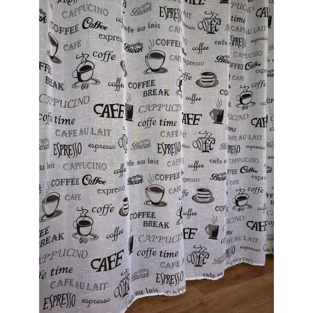 Тюль на кухні білий льон фактурний чашки чорний coffe