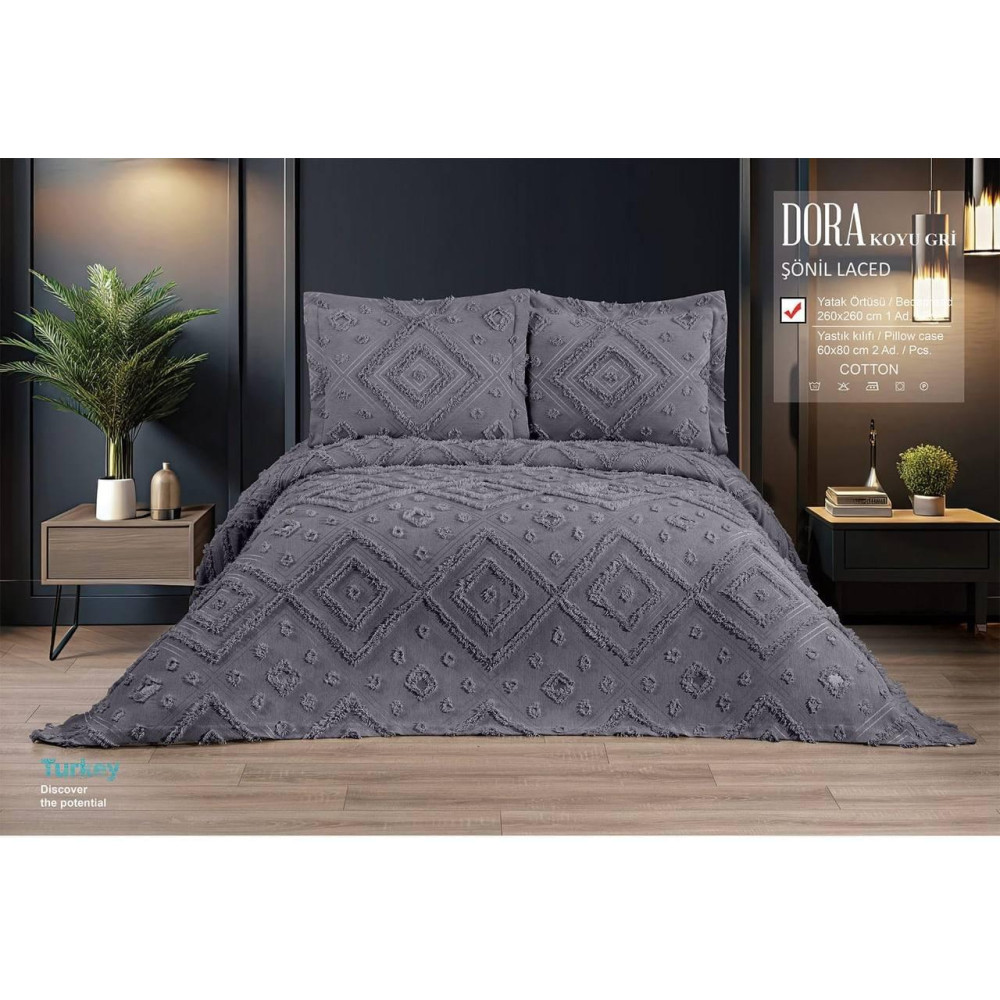 Покривало жакардове з наволочками Alara Dora Koyu Gri - 260*260